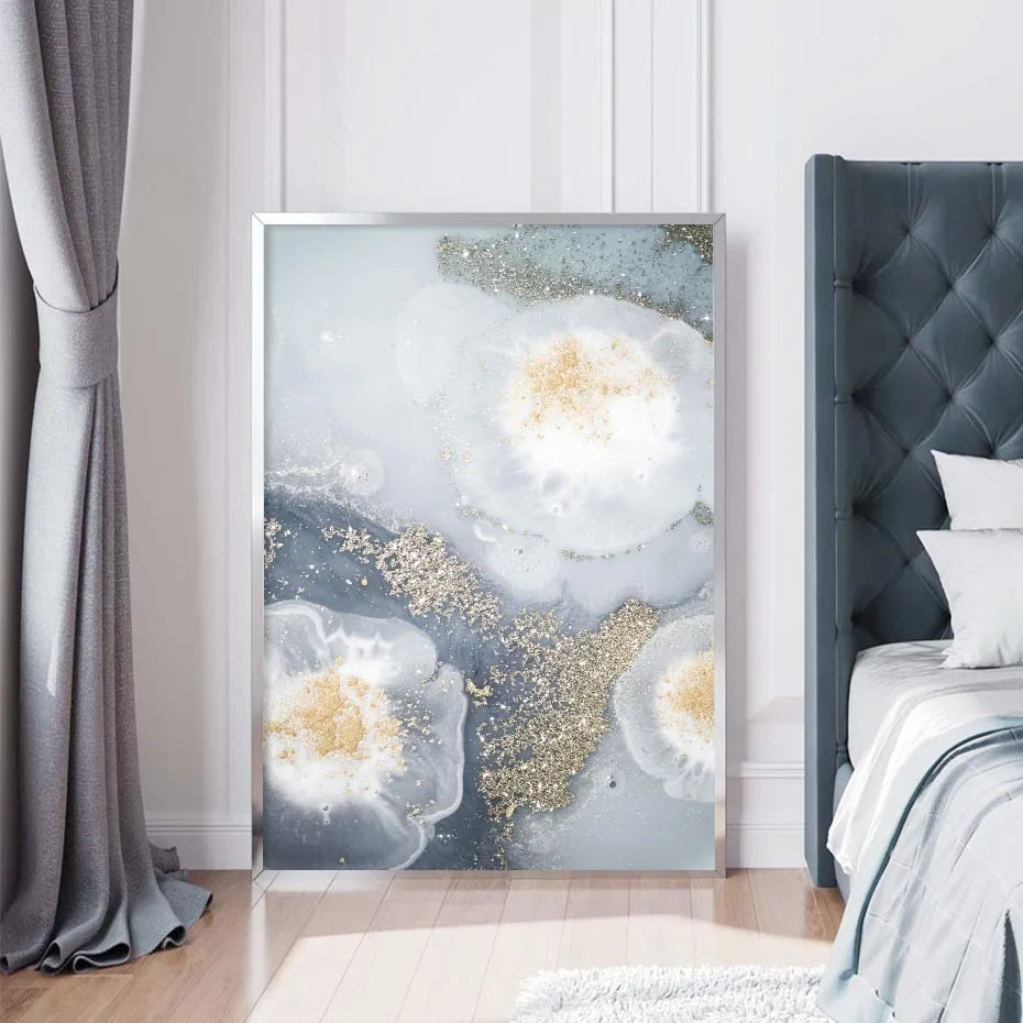 Blaue Weiße Goldene Abstrakte Florale Wandkunst Fein Kunst Leinwanddrucke Poster Bild Für Modernes Wohnzimmer Schlafzimmer Nordische Wohnkultur | Brehn