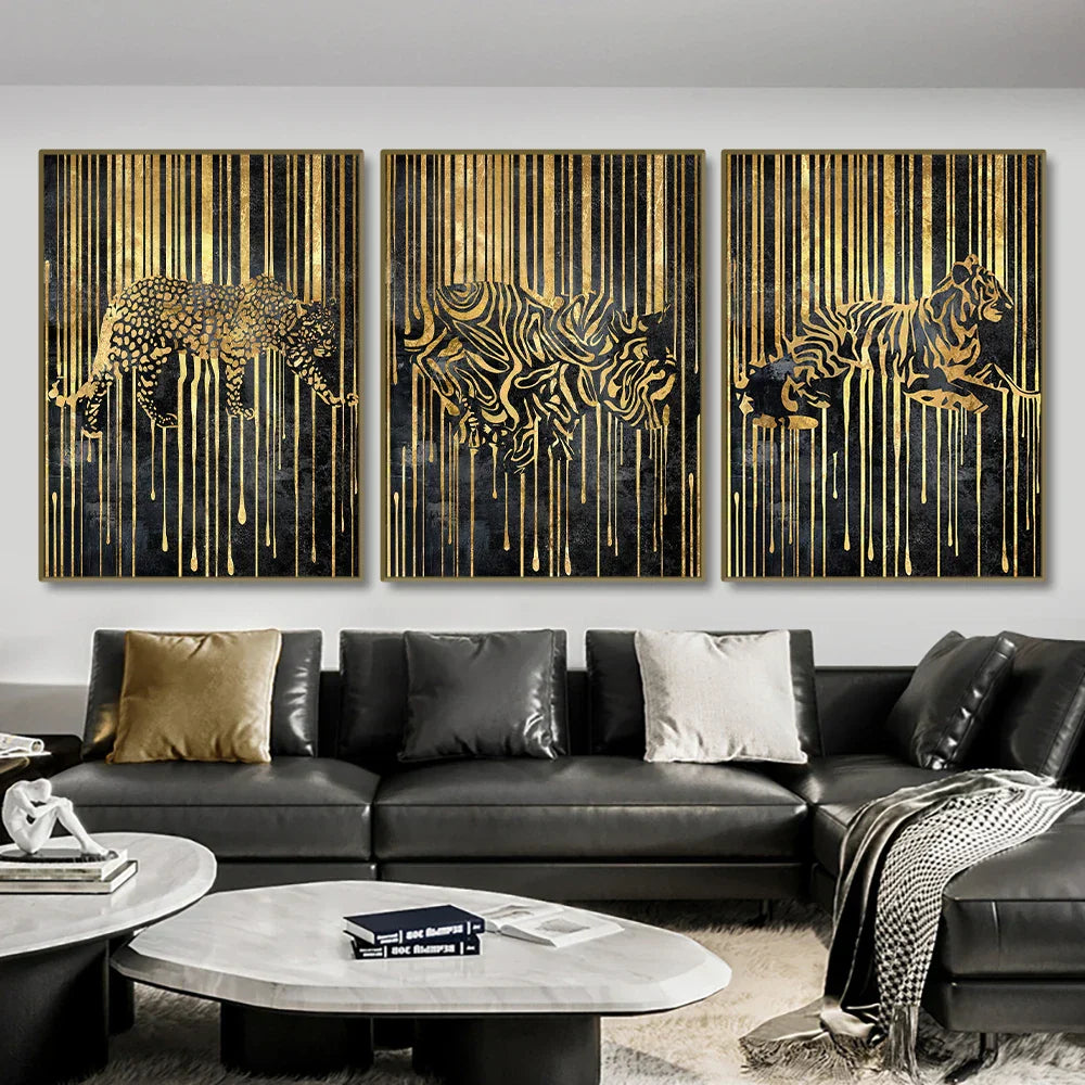 Moderne abstrakte goldene Zebra-Linien Löwe Elefant Tiger Wandkunst Fein Kunst Leinwanddrucke Bilder für luxuriöse Wohnung Wohnzimmer Esszimmer Kunstdekoration | Brehn