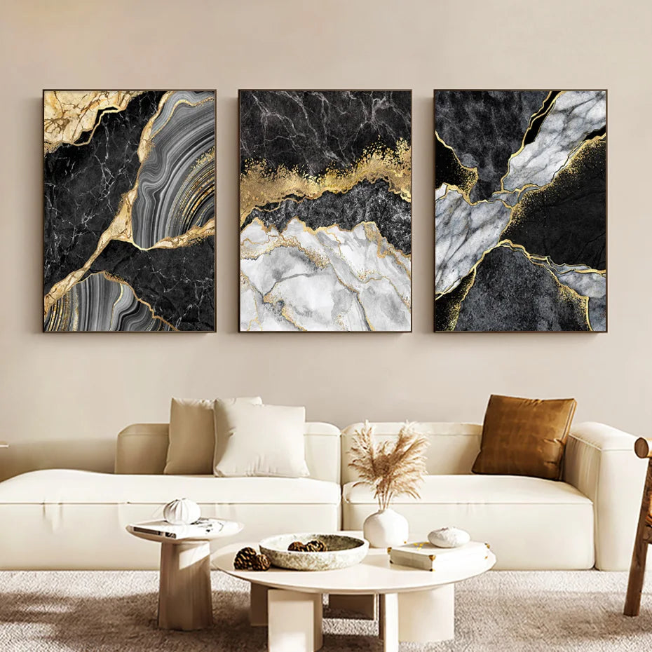 Moderne abstrakte schwarze graue goldene Geode-Marmor-Druck Wandkunst Fine Art Leinwanddrucke Bilder für luxuriöse Wohnung Wohnzimmer Home Office Dekor | Brehn