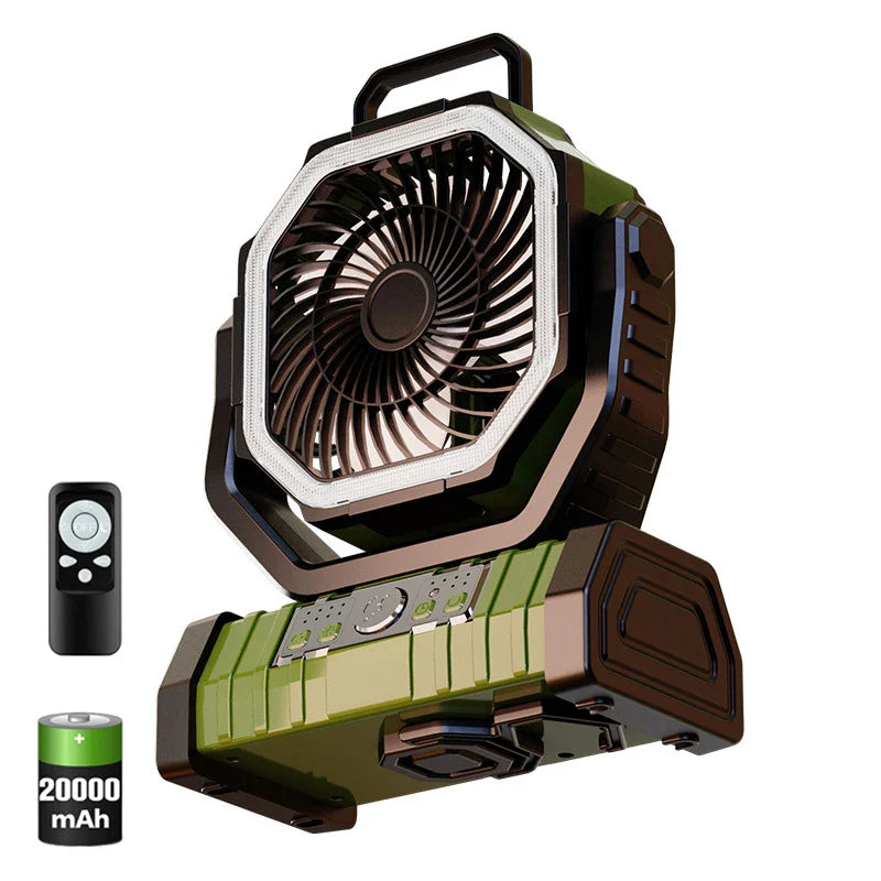 20000mAh Tragbarer Wiederaufladbarer Ventilator — Akku-Betriebene Tisch- & Camping-Lüfter mit LED-Licht & Haken für Zelt, Auto und Outdoor-Ausflüge | Brehn