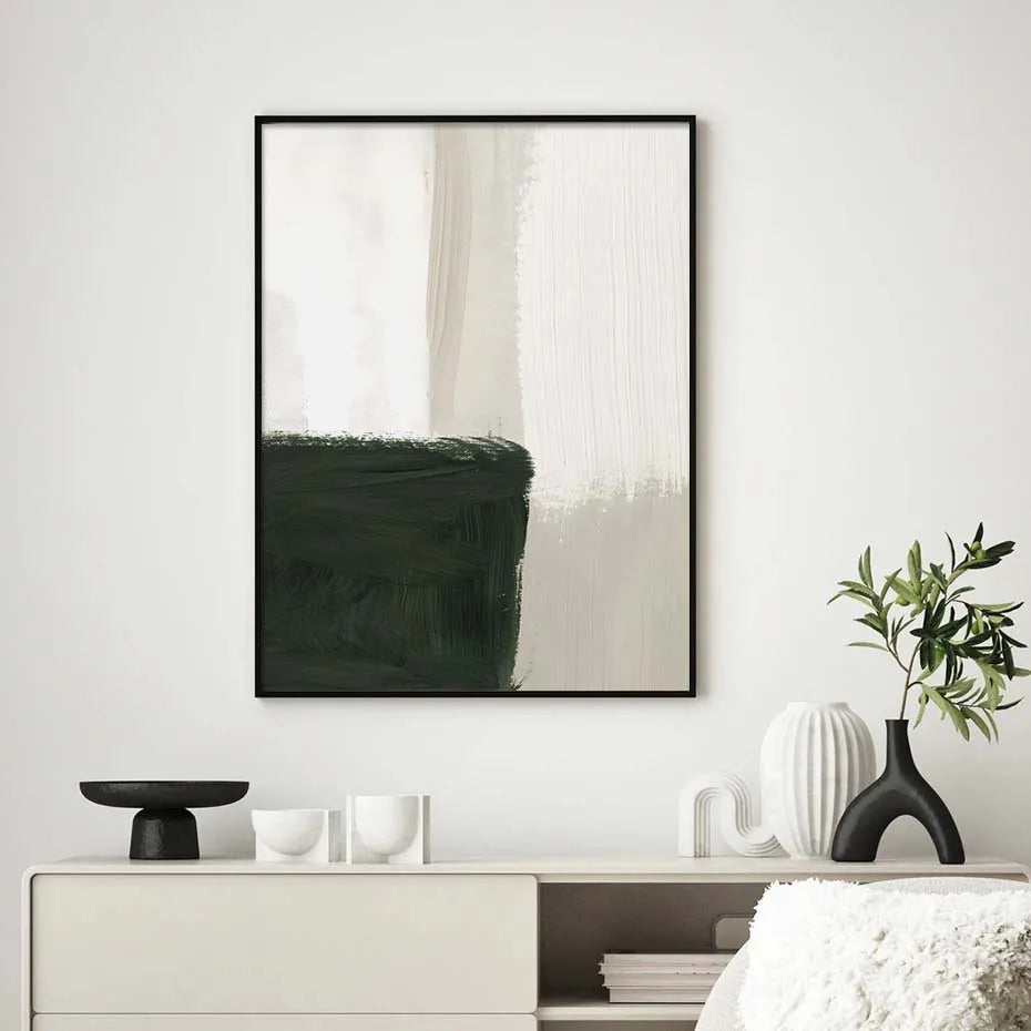 Moderne abstrakte grün beige weiße Pinselstrich Leinwanddrucke nordische Wandkunst für zeitgenössische Wohnzimmer Wohnkultur Kunstwerk | Brehn