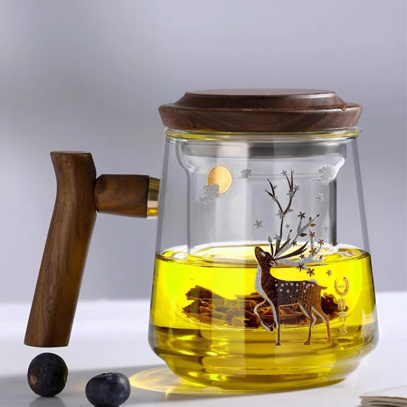 Premium Glas Teetasse mit Filter und Holzgriff, 470ml