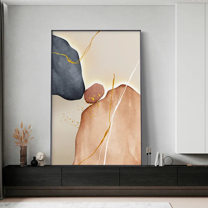 Moderne abstrakte nordische Zen-Kiesel Wandkunst feine Kunstdrucke auf Leinwand neutrale Töne geomorphes Design Bilder für zeitgenössische Innenräume | Brehn