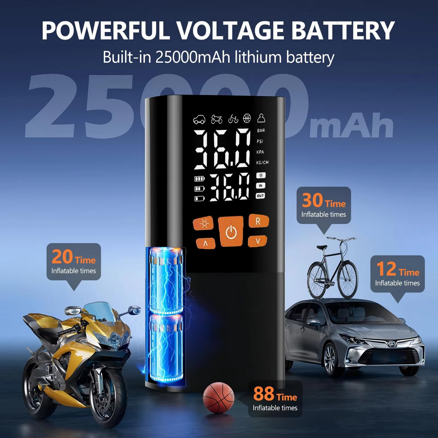 Tragbarer Reifenfüller mit Luftkompressor, 180 PSI, wiederaufladbare Pumpe mit 25000-mAh-Akku