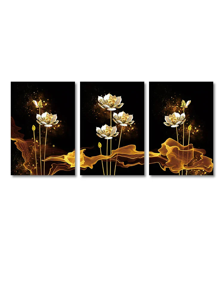 Set von 3PCs Weiße Goldene Lotus Exotische Florale Wandkunst Feine Kunst Leinwanddrucke Exotische Botanische Bilder Für Luxuriöses Wohnzimmer Esszimmer Schlafzimmer Kunstdekoration | Brehn