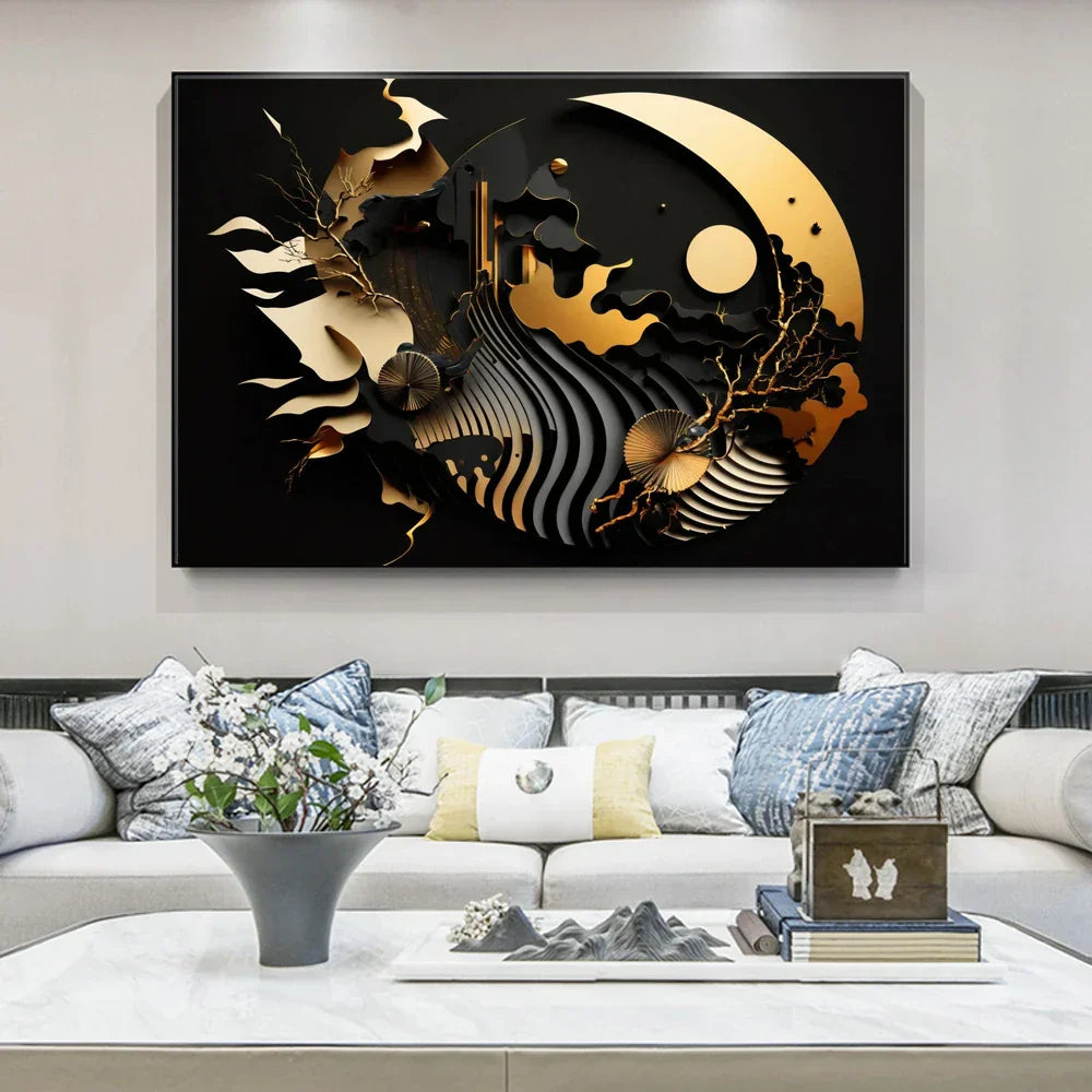 Moderne Fließende Geometrie Schwarzes Goldenes Abstraktes Wandkunst Feine Kunst Leinwanddrucke Bilder Für Wohnzimmer Esszimmer Home Office Dekor | Brehn
