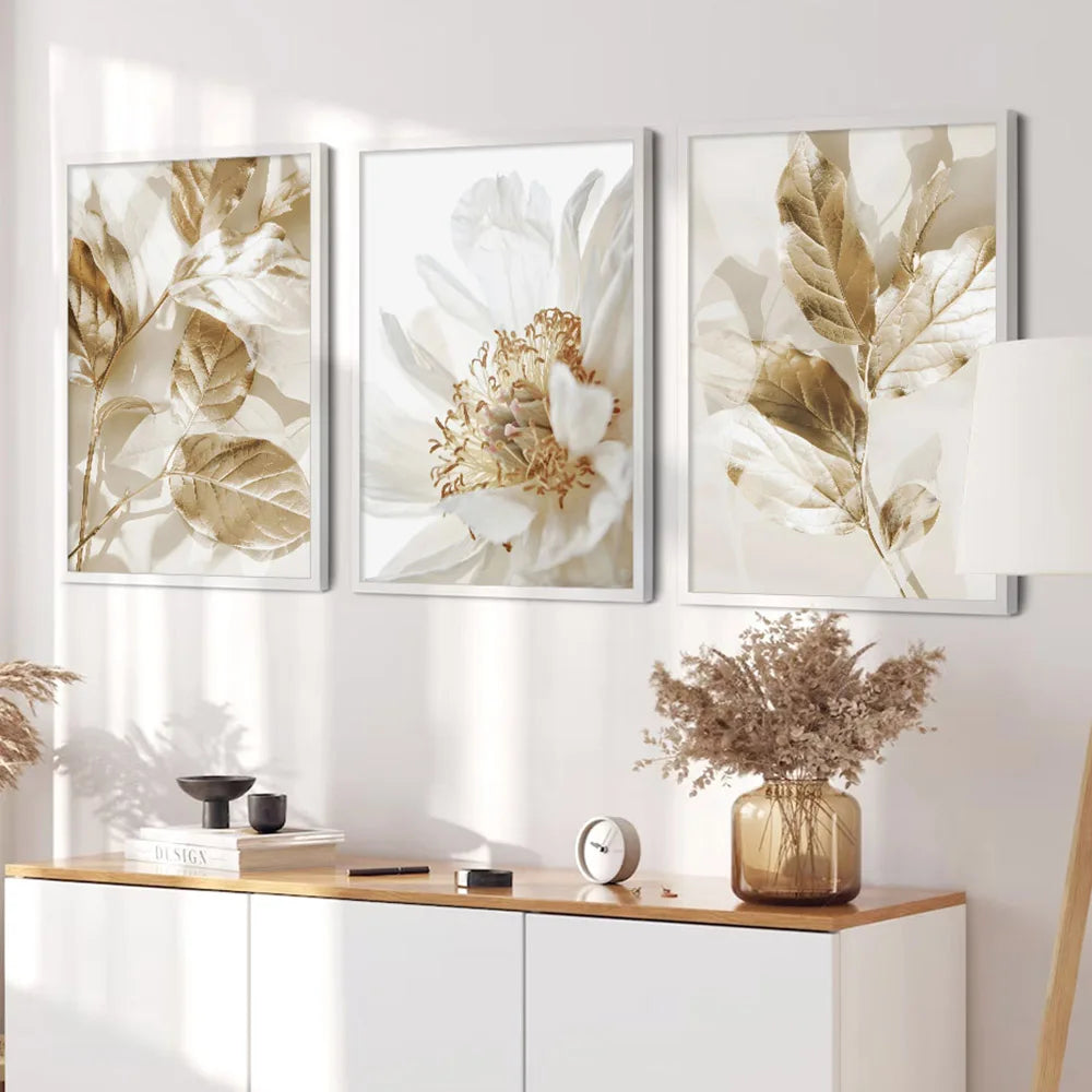 Moderne weiße & goldene florale Wandkunst feine Kunst Leinwanddrucke Bilder für Wohnzimmer Esszimmer Schlafzimmer Kunst Dekor (Set von 3 Stück) | Brehn