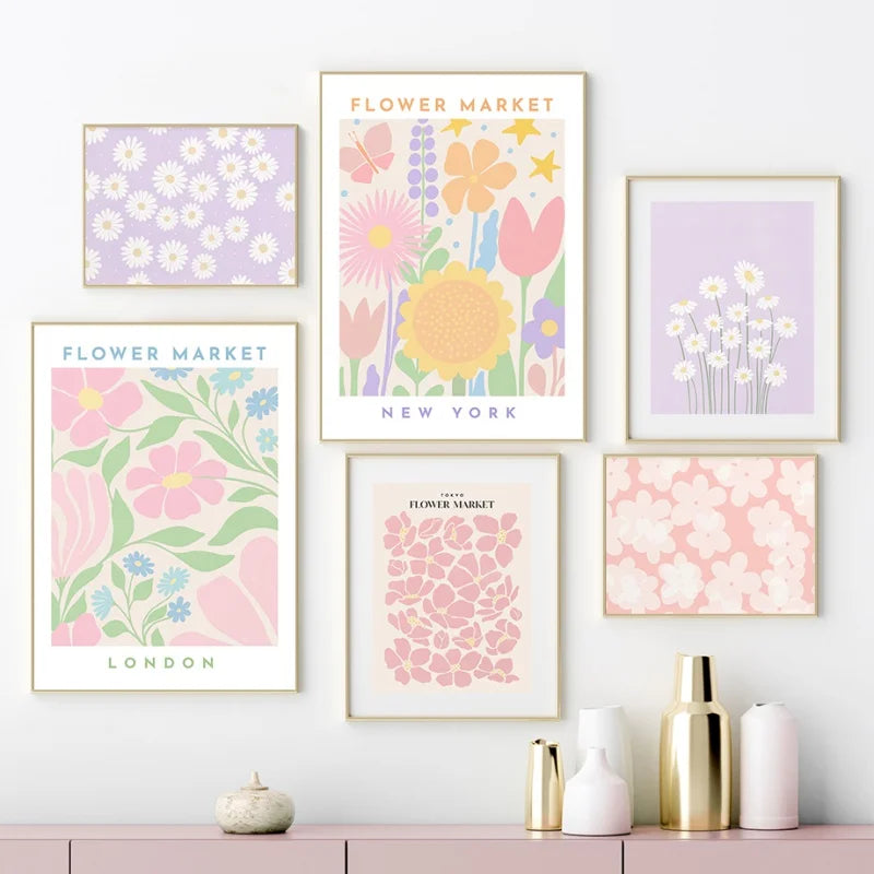 Pink Lavendel Gänseblümchen Blumenmarkt Poster Wandkunst Feine Kunst Leinwanddrucke Pastell Blumenbilder Für Wohnzimmer Schlafzimmer Kunst Dekor | Brehn