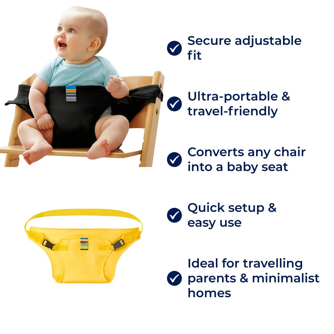 SeatGuard | Kindersitzgurt – Sicherer verstellbarer Sitz – Atmungsaktiver Baumwollstoff – Tragbare Sicherheitslösung zum Essen für reisende Eltern Brehn