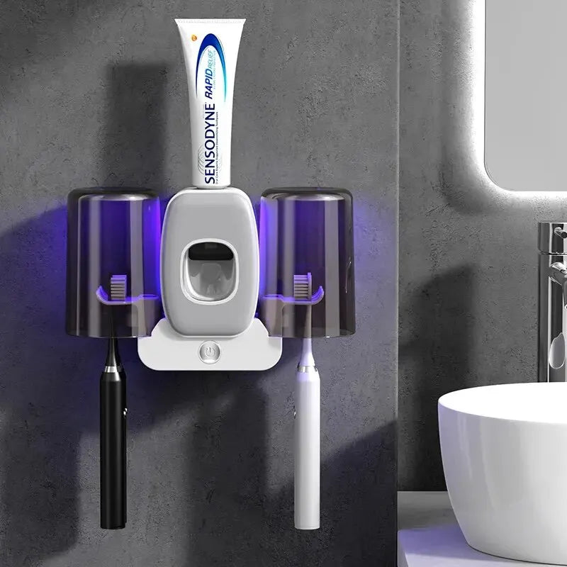 Brehn | UV Zahnbürstenhalter PureBrush UV | Sterilisation mit UV-Licht | Automatischer Zahnpastaspender | Wandmontage ohne Bohren