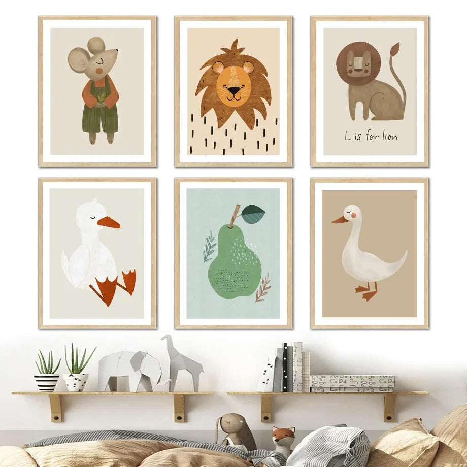 Niedliche Baby Tiere Kinderzimmer Wandkunst Illustrationen Fine Art Leinwanddrucke Gänse Maus Löwe Eisbär Poster Bilder für das Kinderzimmer Wanddekoration | Brehn