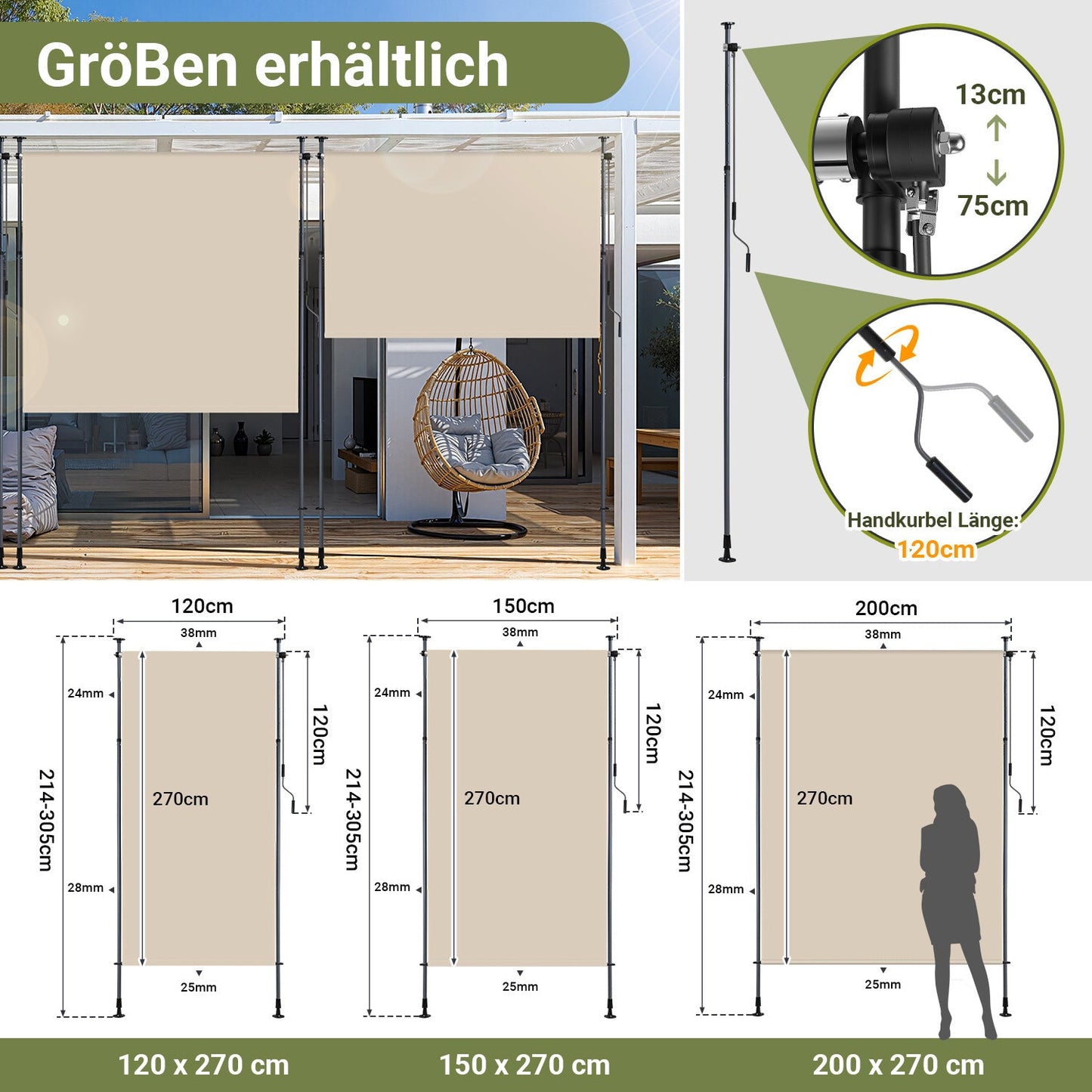 Klemmmarkise Senkrechtmarkise mit Handkurbel ohne Bohren | Brehn