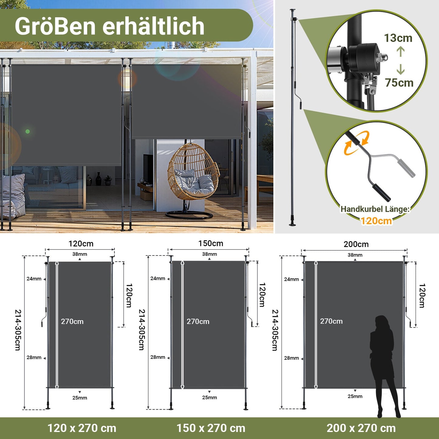 Klemmmarkise Senkrechtmarkise mit Handkurbel ohne Bohren | Brehn