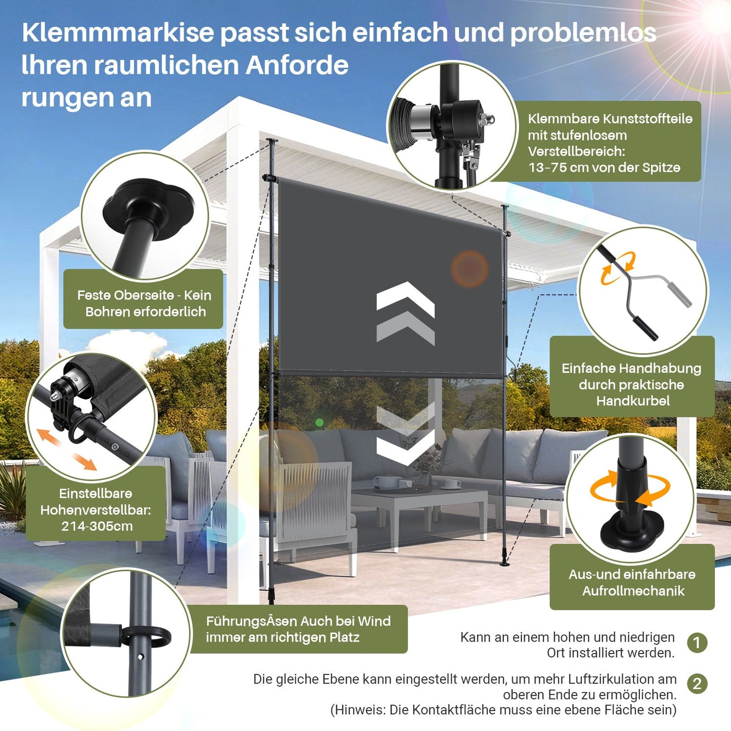 Klemmmarkise Senkrechtmarkise mit Handkurbel ohne Bohren | Brehn