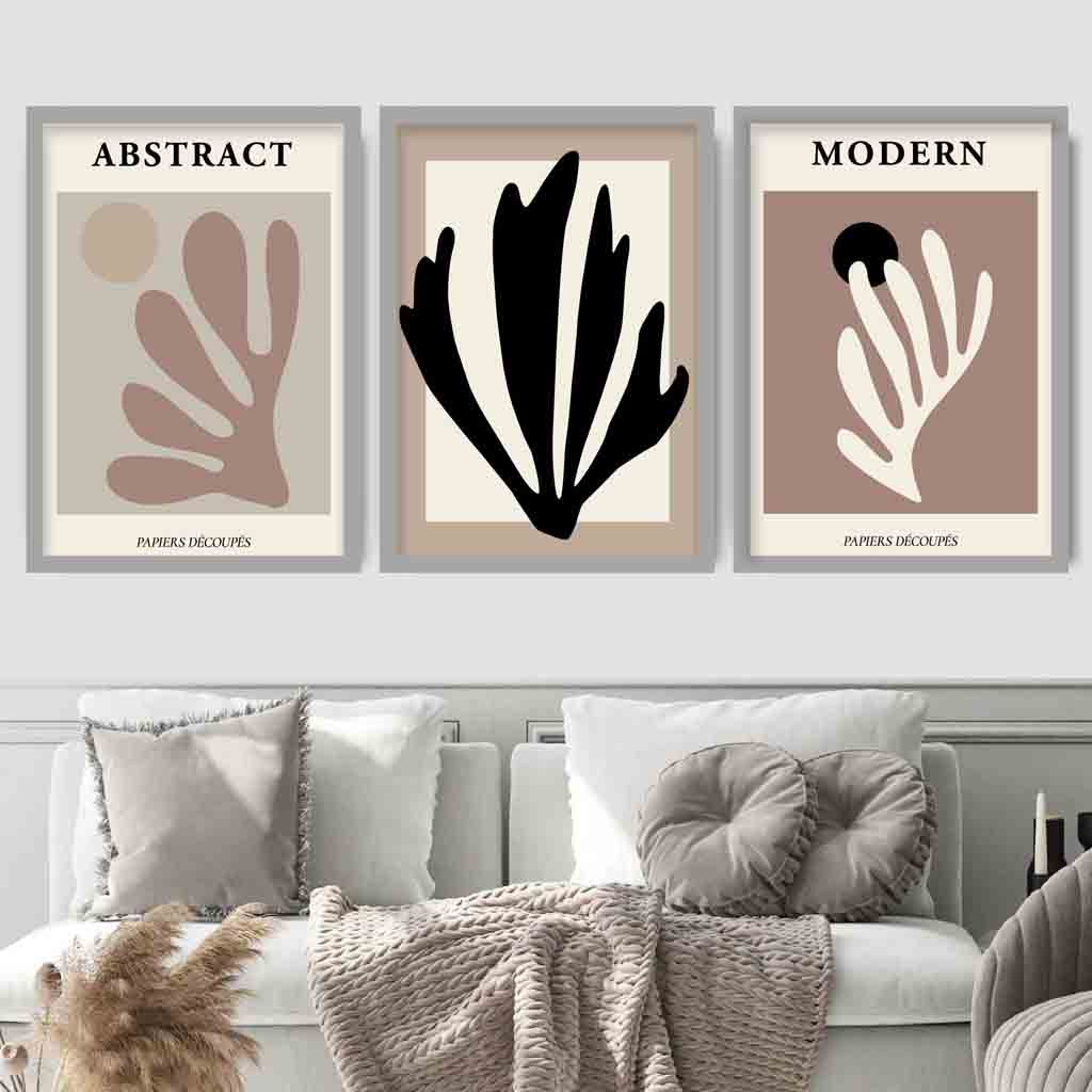 Abstraktes modernes Wandbild-Set im Matisse-Stil, Schwarz, Beige, 3er-Set