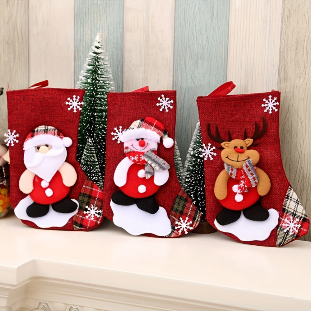 Brehn | Set Rote Weihnachtsstrumpf mit Weihnachtsmann, Schneemann und Rentier für festliche Dekoration