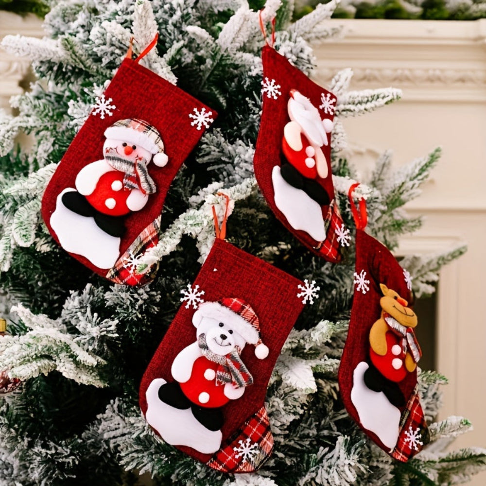 Brehn | Set Rote Weihnachtsstrumpf mit Weihnachtsmann, Schneemann und Rentier für festliche Dekoration