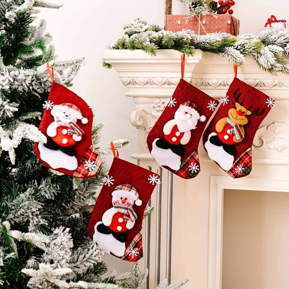 Brehn | Set Rote Weihnachtsstrumpf mit Weihnachtsmann, Schneemann und Rentier für festliche Dekoration