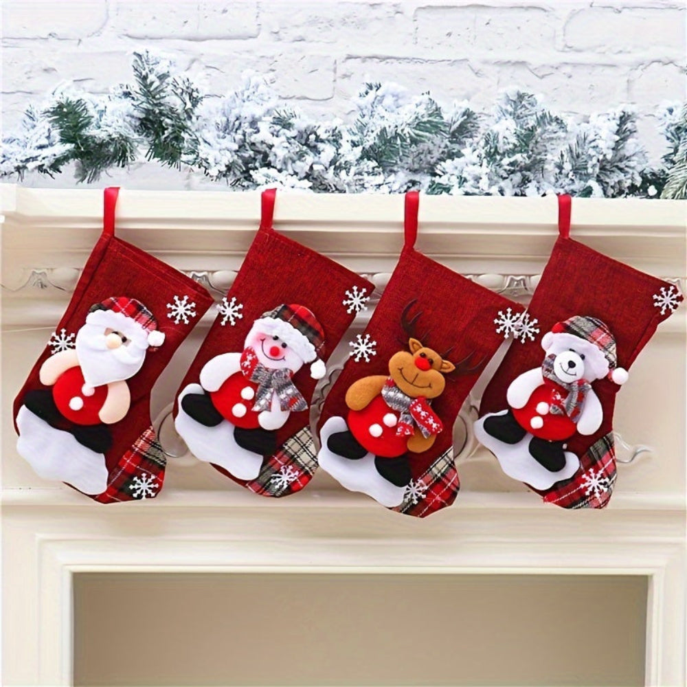 Brehn | Set Rote Weihnachtsstrumpf mit Weihnachtsmann, Schneemann und Rentier für festliche Dekoration