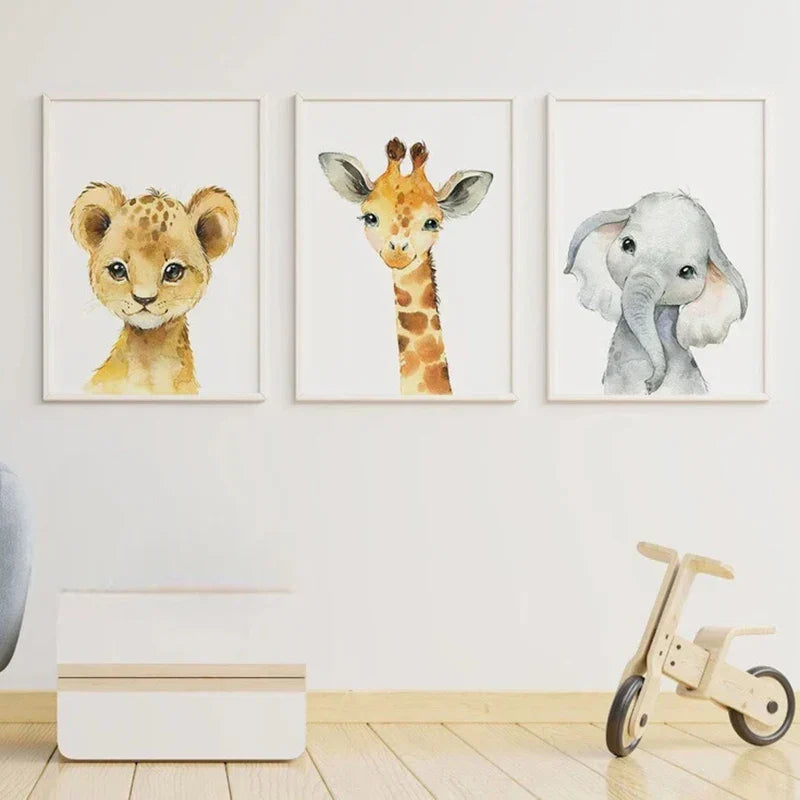 Set aus 3PCS Baby Elefant Giraffe Löwe Kinderzimmer Wandkunst Feine Kunst Leinwanddrucke Wilde Tier Safari Poster Bilder Für Kinderzimmer Dekor
