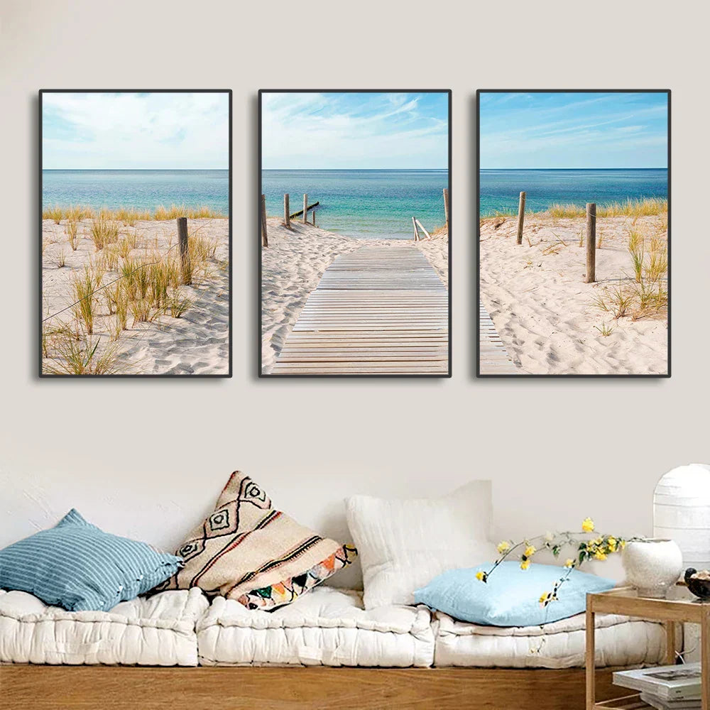 Set von 3PCS Blaues Meer Sandiger Strand Wandkunst Fine Art Leinwand Drucke Inspirierende Seestücke Bilder von Ruhe für das Wohnzimmer