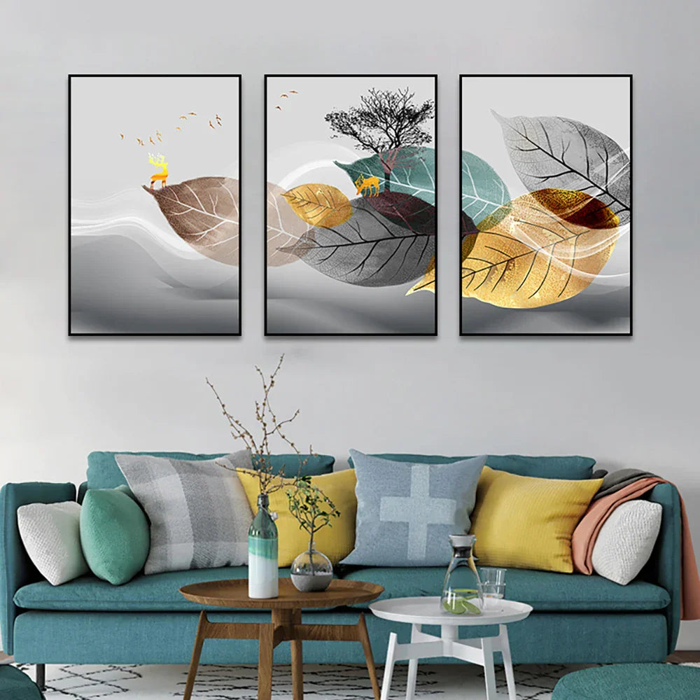Set von 3PCS Golden Autumn Deer Wandkunst Feine Kunst Leinwanddrucke Nordic Abstract Landschaft Bilder Für Wohnzimmer Dekor