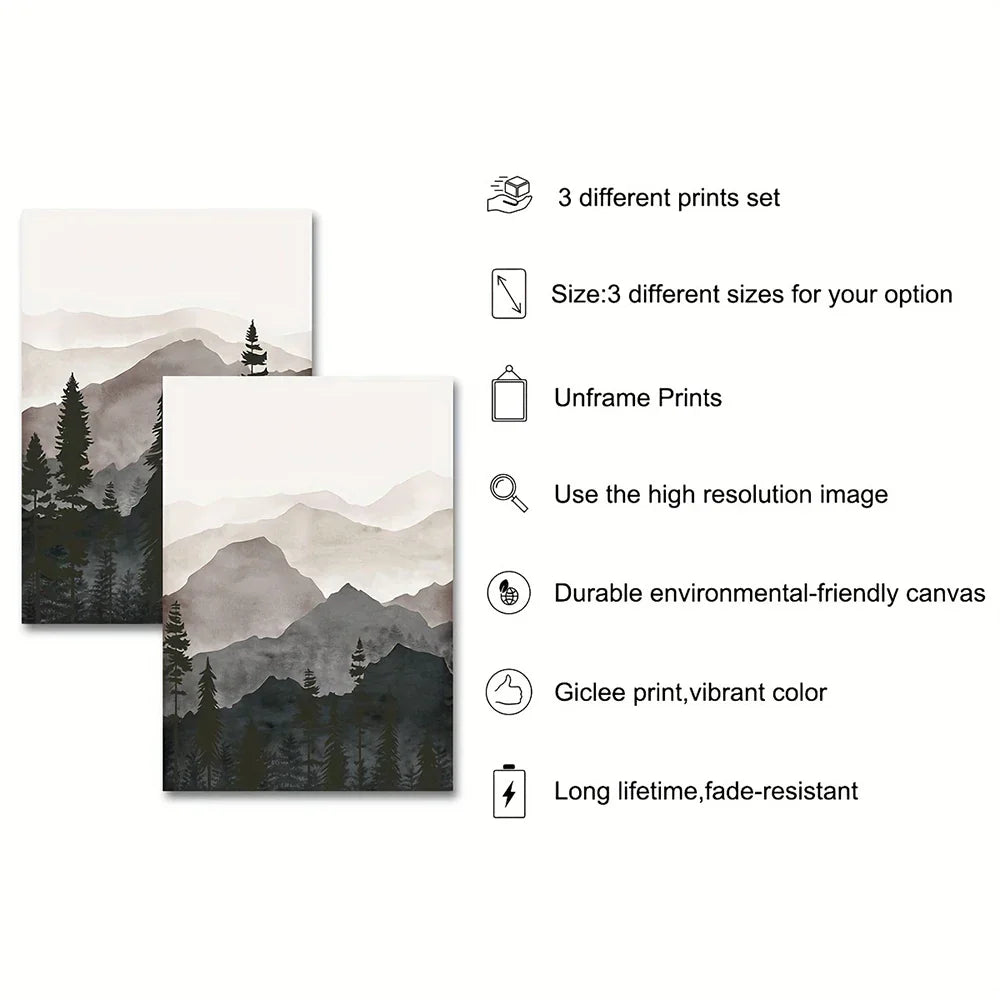 Set von 3PCS Shadow Mountain Silhouette Landschaft Wandkunst Feine Kunst Leinwanddrucke Nordische Bilder für modernes Wohnzimmer Esszimmer Kunst Dekor