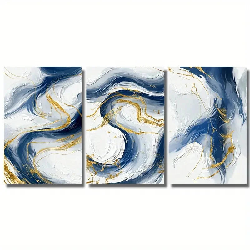 Set von 3Pcs Blau Goldene Fließende Wirbel Abstrakte Wandkunst Fine Art Leinwanddrucke Licht Minimalistische Bilder Für modernes Wohnzimmer (Unrahmt)