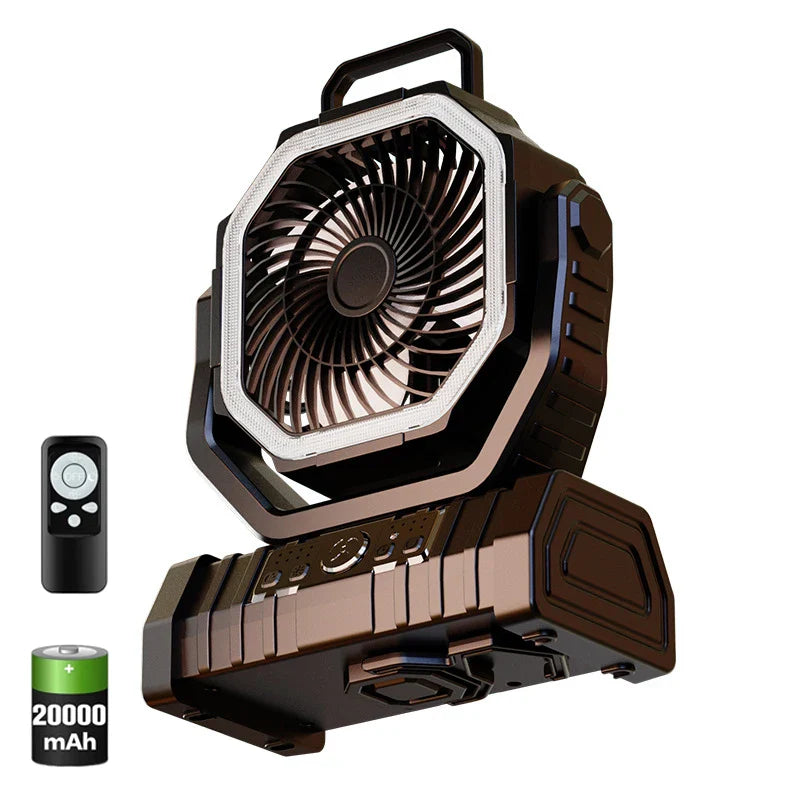 20000mAh Tragbarer Wiederaufladbarer Ventilator — Akku-Betriebene Tisch- & Camping-Lüfter mit LED-Licht & Haken für Zelt, Auto und Outdoor-Ausflüge | Brehn