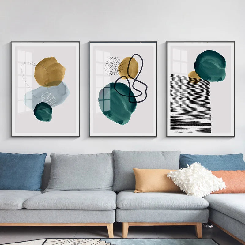 Grün Gelb Schwarz Abstrakte Form & Linie Minimalistische Nordische Wandkunst Feine Kunst Leinwanddrucke Bilder Für Wohnzimmer Büro Dekor | Brehn