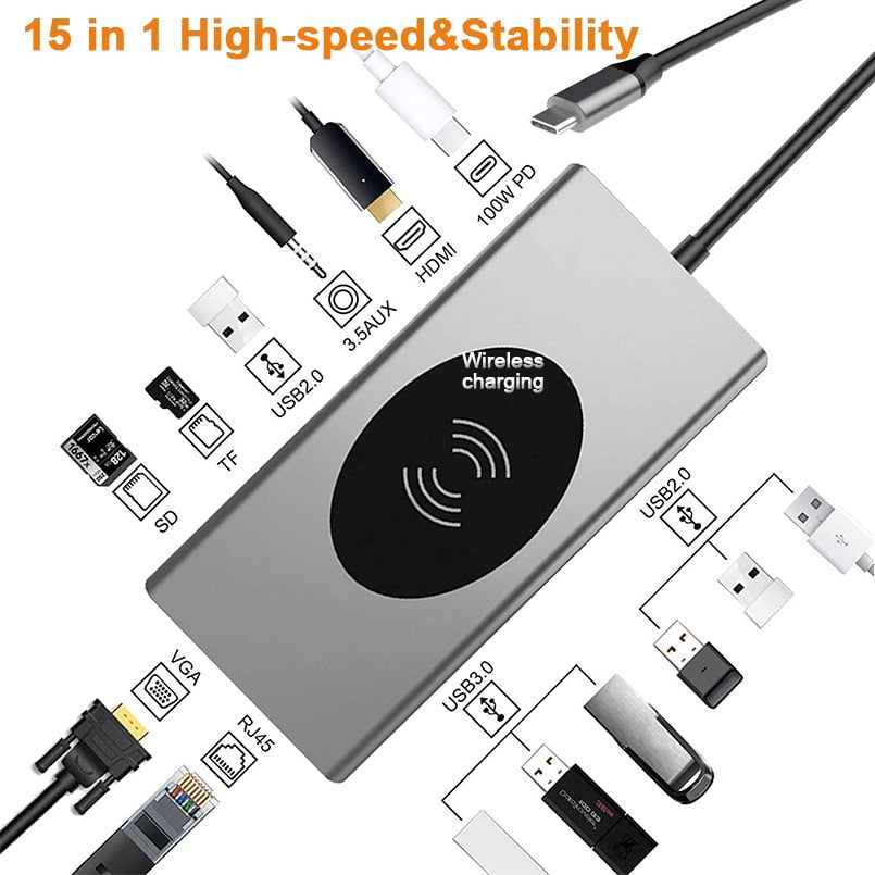 Brehn | 15in1 USB-C Wireless-Ladestation Docking Station