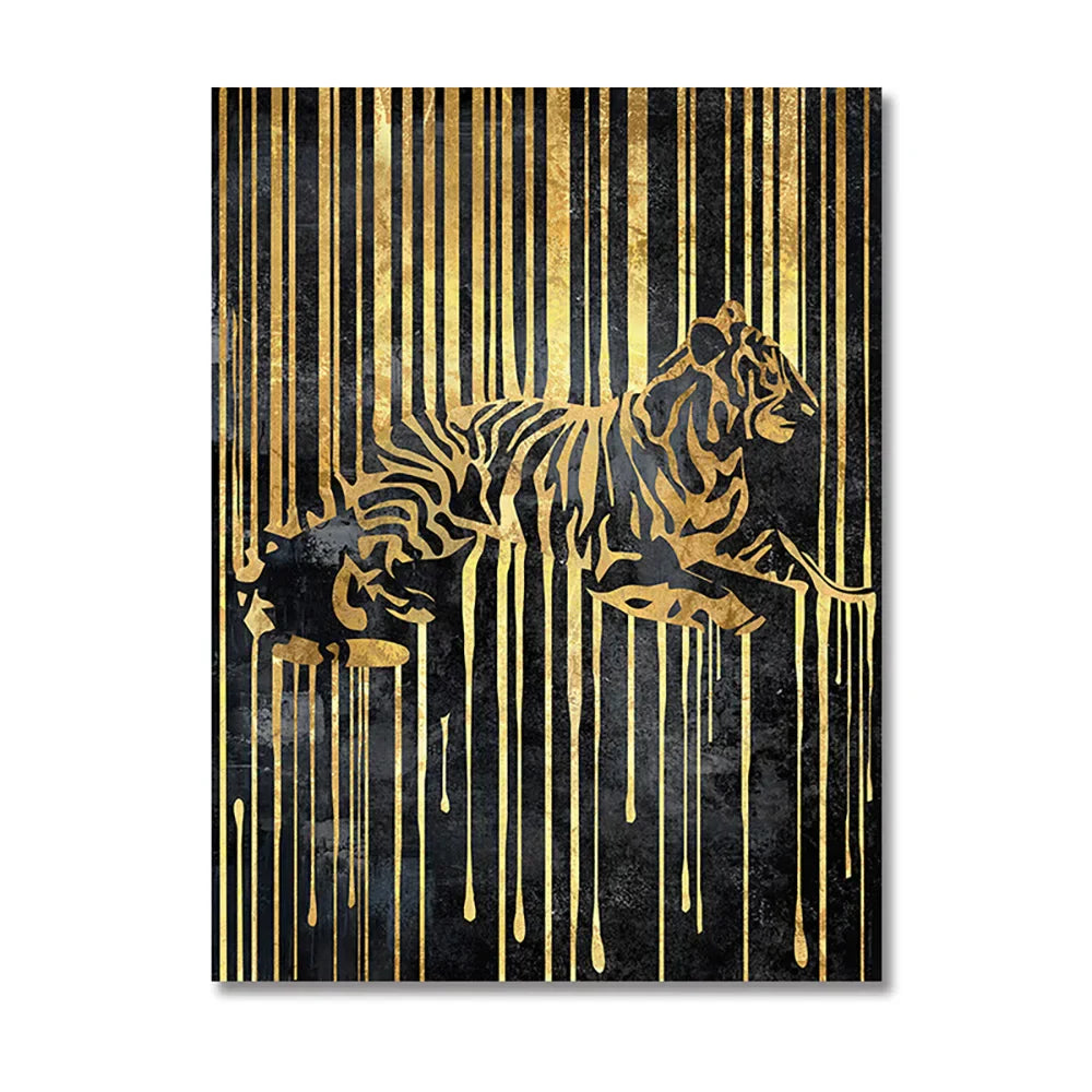 Moderne abstrakte goldene Zebra-Linien Löwe Elefant Tiger Wandkunst Fein Kunst Leinwanddrucke Bilder für luxuriöse Wohnung Wohnzimmer Esszimmer Kunstdekoration | Brehn