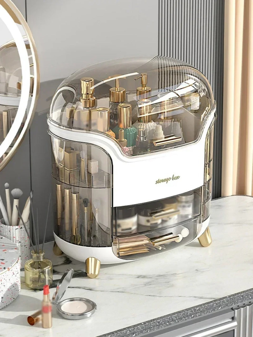 Luxuriöser transparenter Makeup-Organizer mit rotierenden Türen und Schubladen | Brehn