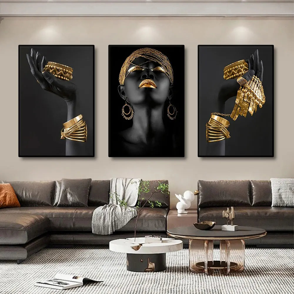 Set aus 3 Stück Schwarz Goldene Frauenporträt Wandkunst Feine Kunst Leinwanddrucke Bilder Für Luxuriöses Wohnzimmer Esszimmer Home Office Dekor | Brehn