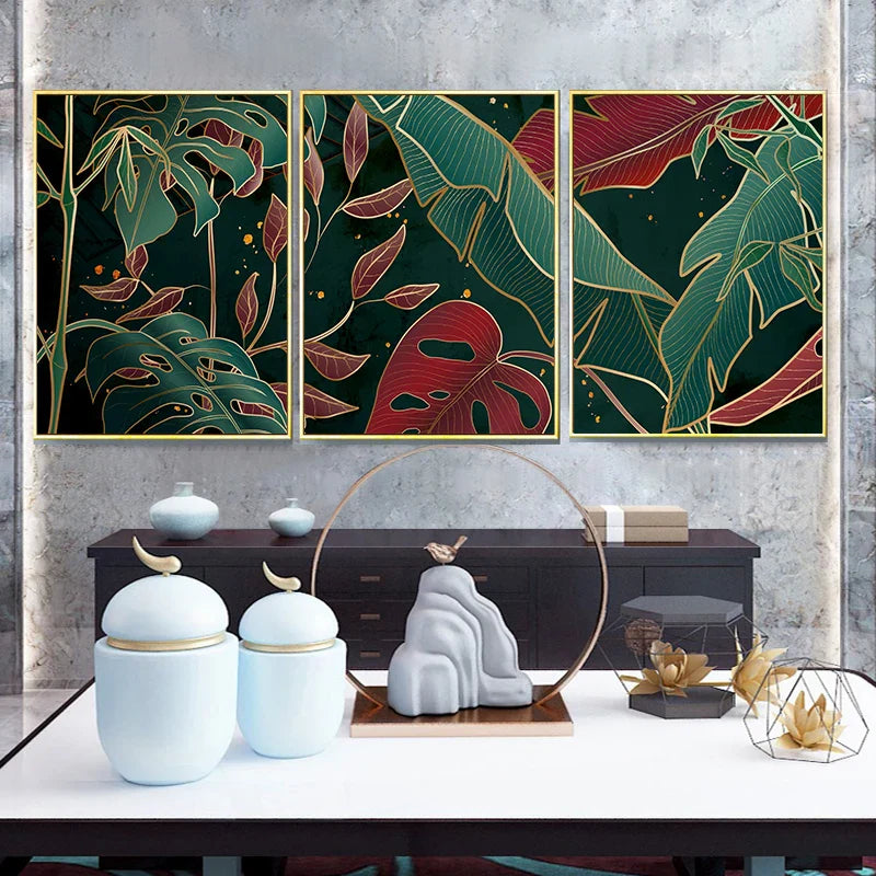 Moderne abstrakte tropische Botanik Wandkunst Fine Art Leinwanddrucke Rote grüne Palmenblätter Poster Bilder für Wohnzimmer Hotelzimmer Dekoration | Brehn