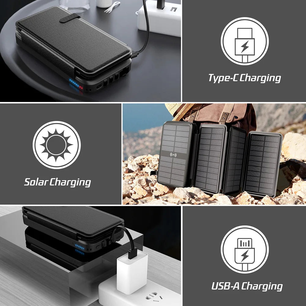 Brehn | Solar Powerbank VoltCore X Pro 43800mAh | 20W Schnellladung | 10W Wireless Charging | Integrierte Kabel & LED-Lampe | Outdoor & Reisen
