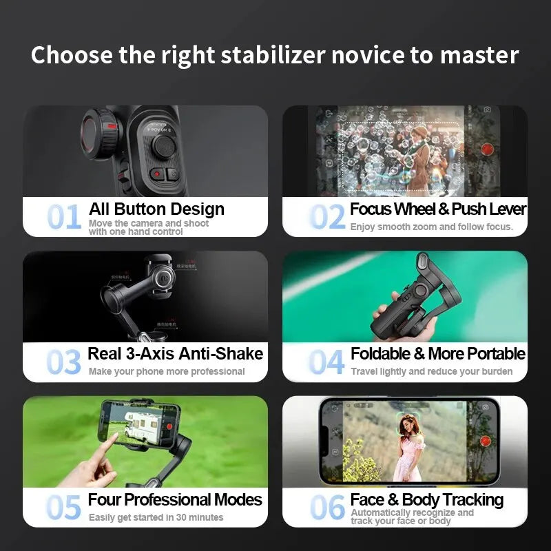 3-Achsen-Smartphone-Gimbal-Stabilisator mit KI-Tracking und Gesichtserkennung – Alvion
