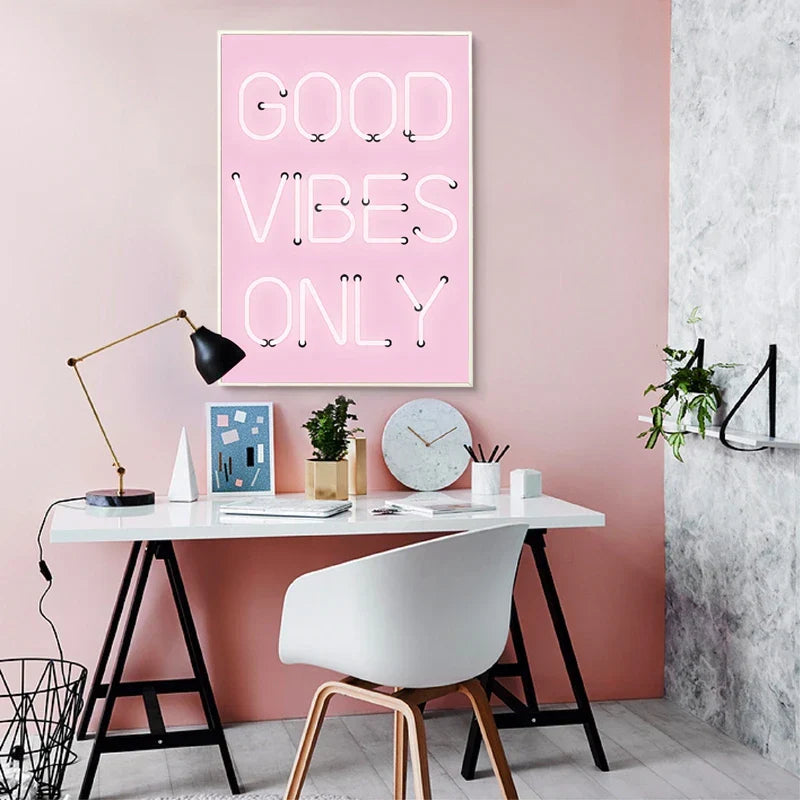Good Vibes Only Neon Pink Poster Wandkunst Fine Art Leinwanddrucke Positivität Bild für Wohnzimmer Mädchen Schlafzimmer Salon Kunst Dekor | Brehn