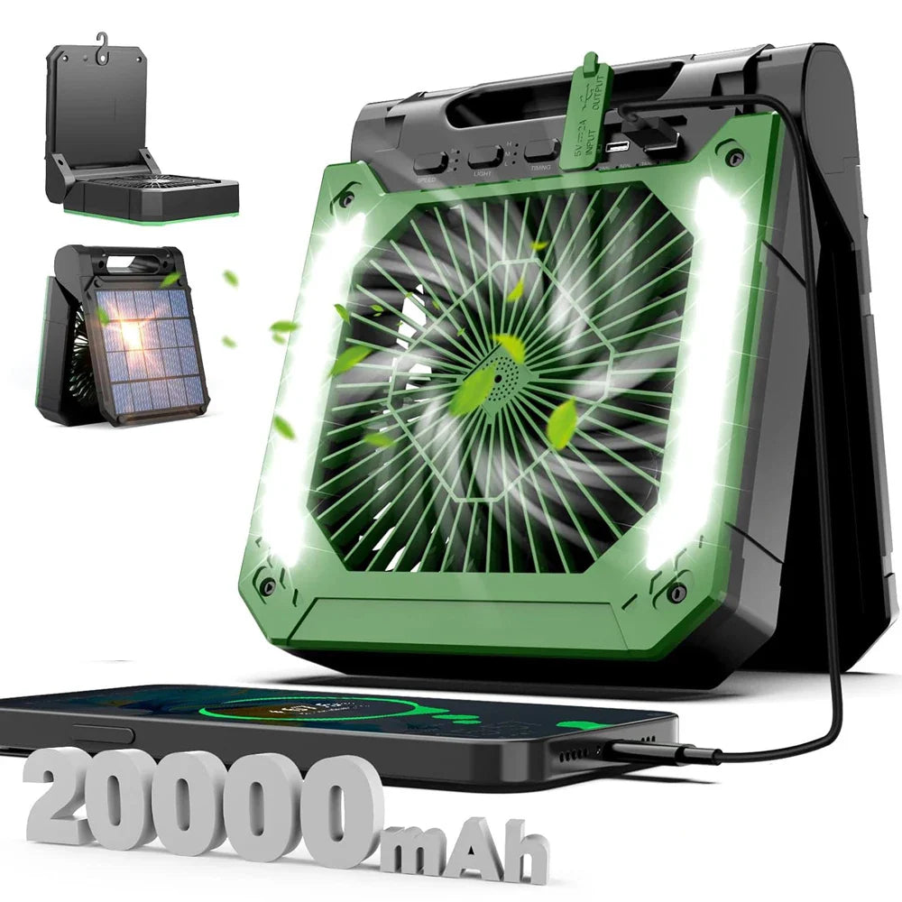 20000mAh Tragbarer Elektrischer Ventilator mit LED Licht — USB, Solar & Auto-Ladung für Camping | Brehn