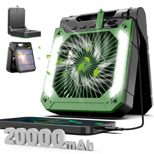 20000mAh Tragbarer Elektrischer Ventilator mit LED Licht — USB, Solar & Auto-Ladung für Camping | Brehn