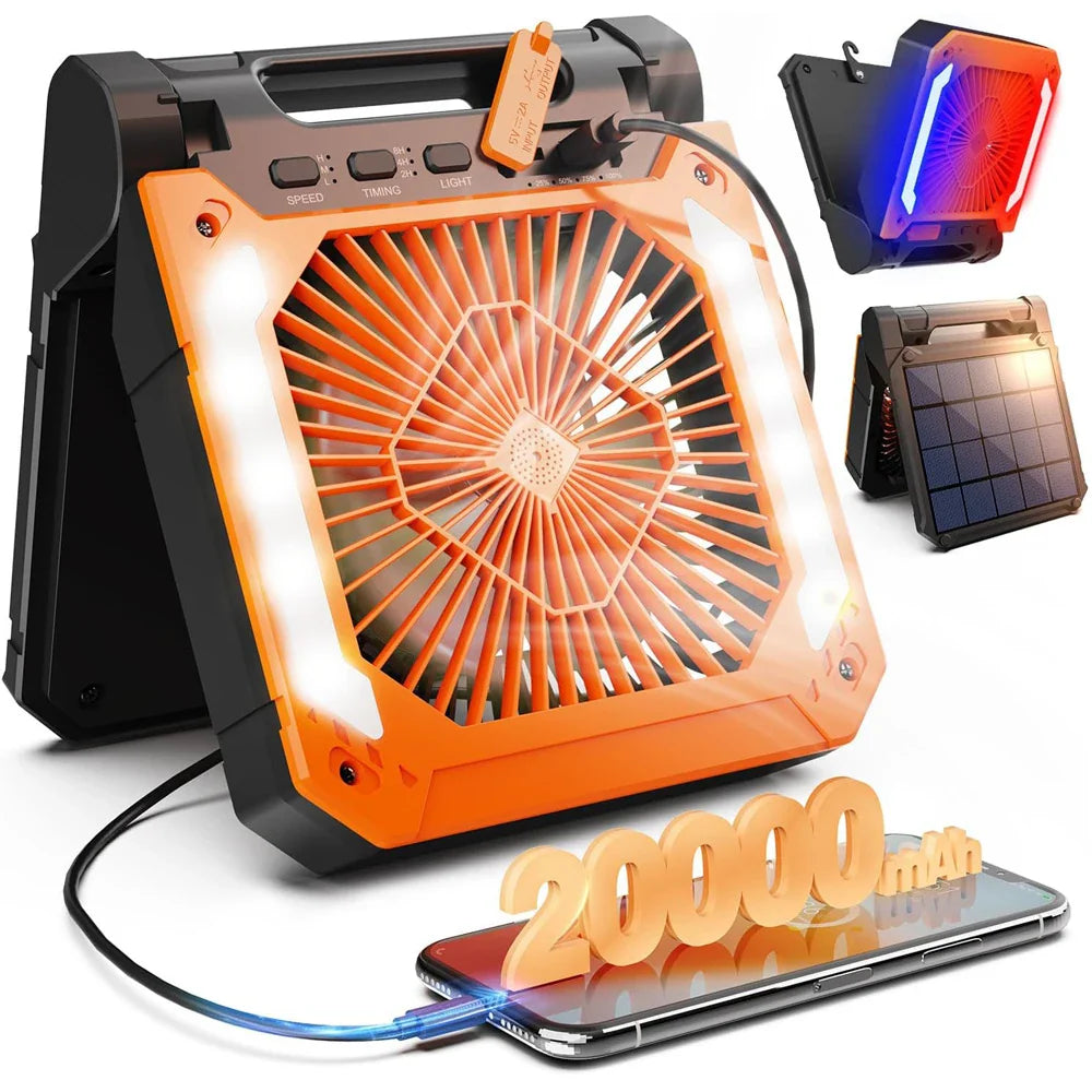 20000mAh Tragbarer Elektrischer Ventilator mit LED Licht — USB, Solar & Auto-Ladung für Camping | Brehn