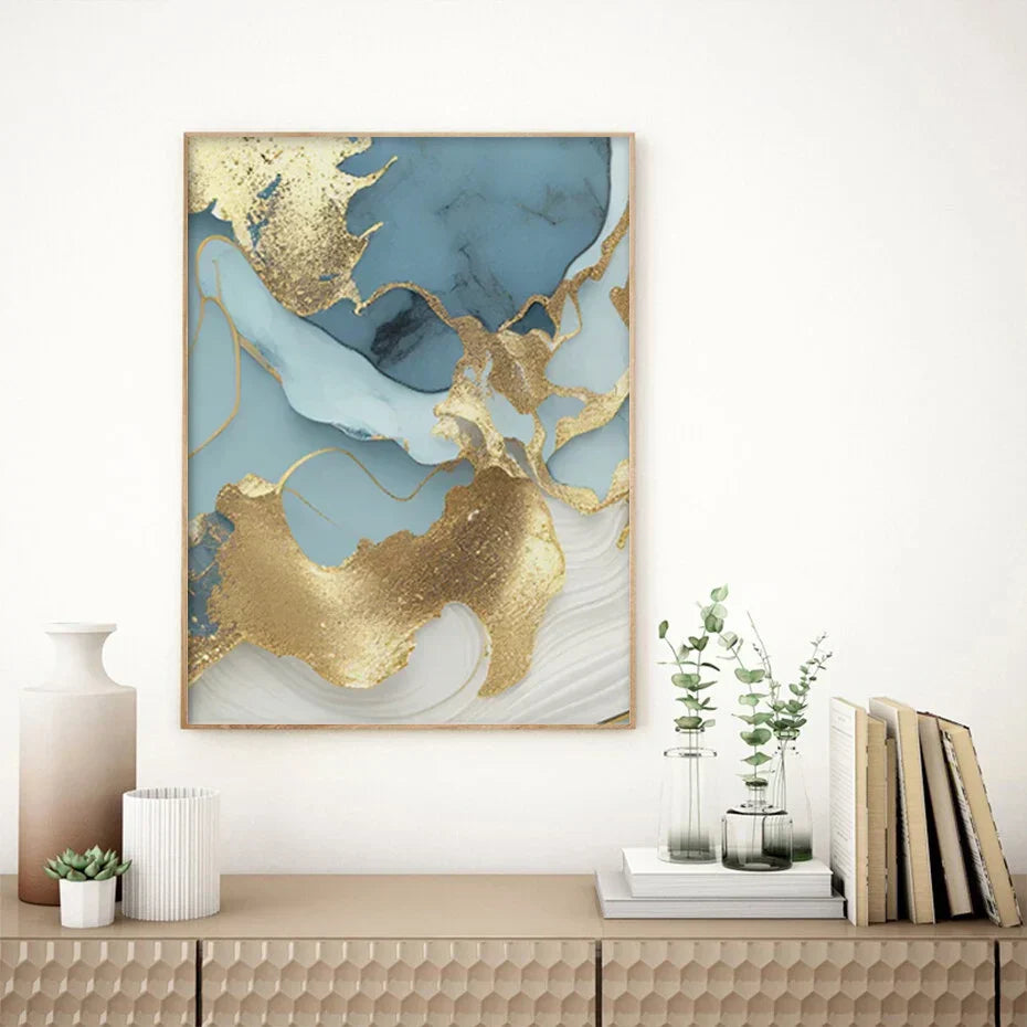 Modern Abstract Golden Blue Liquid Marble Print Wandkunst Fine Art Leinwanddrucke Bilder für Wohnzimmer Schlafzimmer Nordische Wohnkultur | Brehn