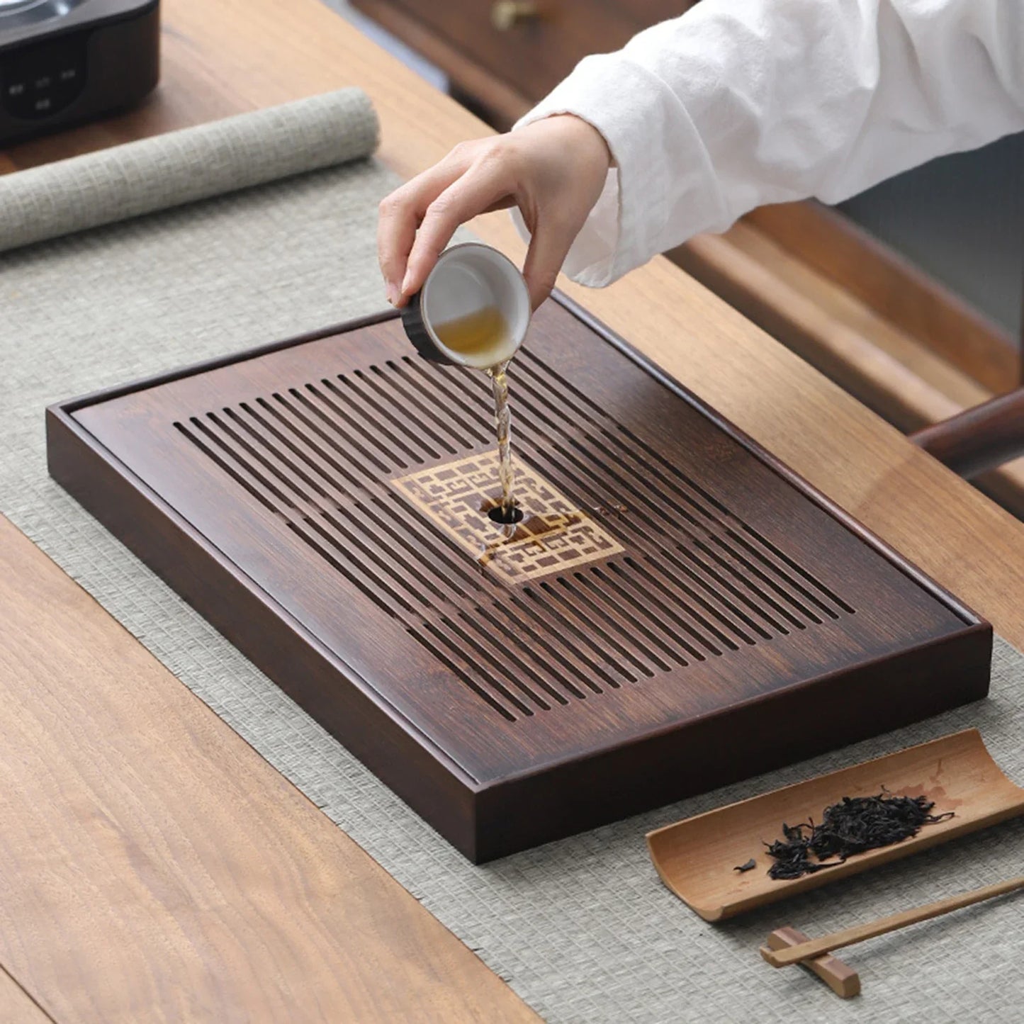 Brehn | Chinese Tea Tray with Water Storage Box Durable Simple Drainage Type Plate Tea Serving Tray for Teahouse Home Household Office