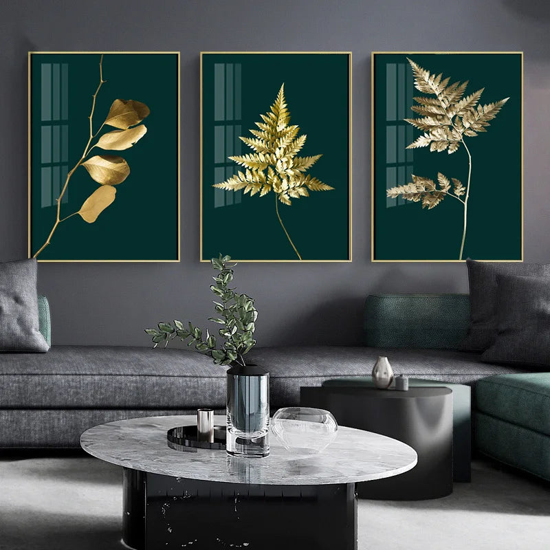 Abstrakte tropische Botanik goldene Blätter Wandkunst Feine Kunst Leinwanddrucke Bilder für Wohnzimmer Esszimmer Licht Luxus Wohnkultur | Brehn