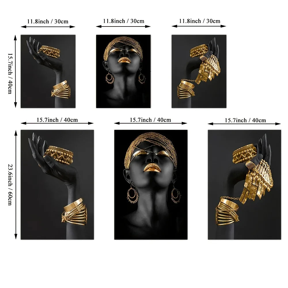 Set aus 3 Stück Schwarz Goldene Frauenporträt Wandkunst Feine Kunst Leinwanddrucke Bilder Für Luxuriöses Wohnzimmer Esszimmer Home Office Dekor | Brehn