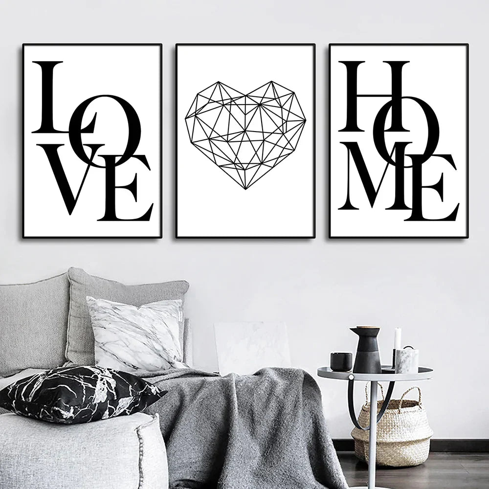 Set aus 3 Stück Geometrische Liebe Zuhause Herz Wandkunst Feine Kunst Leinwanddrucke Schwarz Weiß Minimalistische Poster Bilder Für Wohnzimmer Schlafzimmer Kunst Dekor | Brehn
