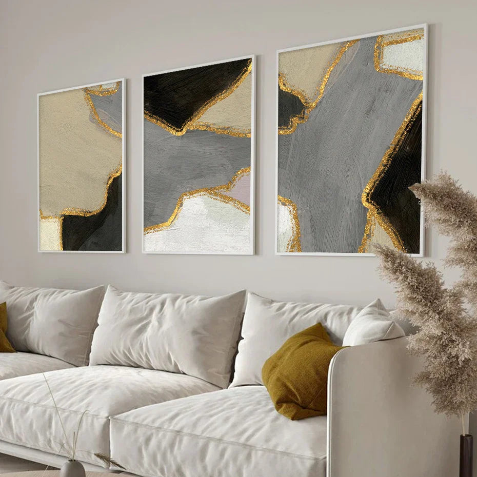 Abstrakte Blockfarbe Wandkunst Schwarz Grau Beige Golden Fine Art Leinwanddrucke Bilder Für Modernes Apartment Wohnzimmer Zeitgenössische Wohnkultur | Brehn