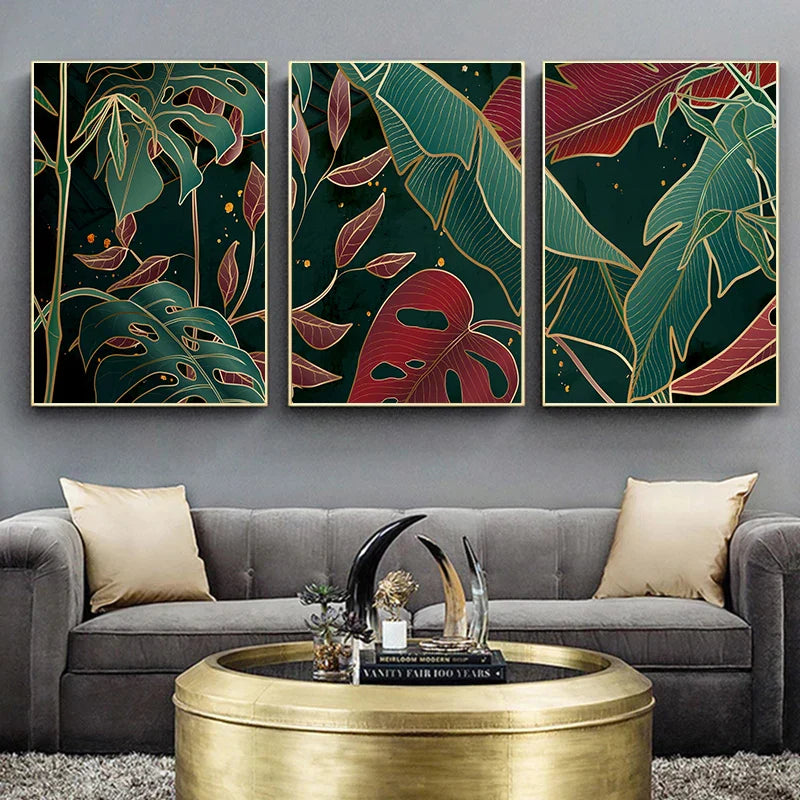 Moderne abstrakte tropische Botanik Wandkunst Fine Art Leinwanddrucke Rote grüne Palmenblätter Poster Bilder für Wohnzimmer Hotelzimmer Dekoration | Brehn
