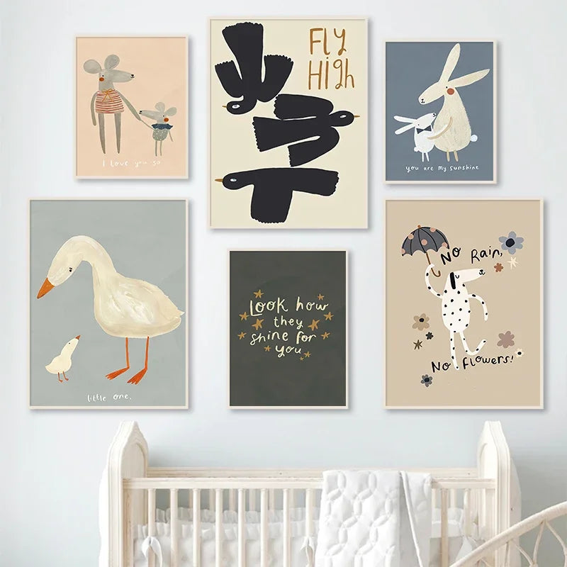 Niedliche Baby Tiere Kinderzimmer Wandkunst Illustrationen Fine Art Leinwanddrucke Gänse Maus Löwe Eisbär Poster Bilder für das Kinderzimmer Wanddekoration | Brehn