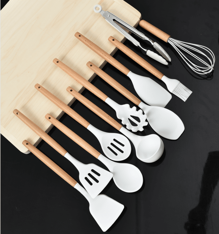 Küchenset mit 11 Teilen in Holz / Silikon inkl. Halter (schwarz oder weiß) | Brehn